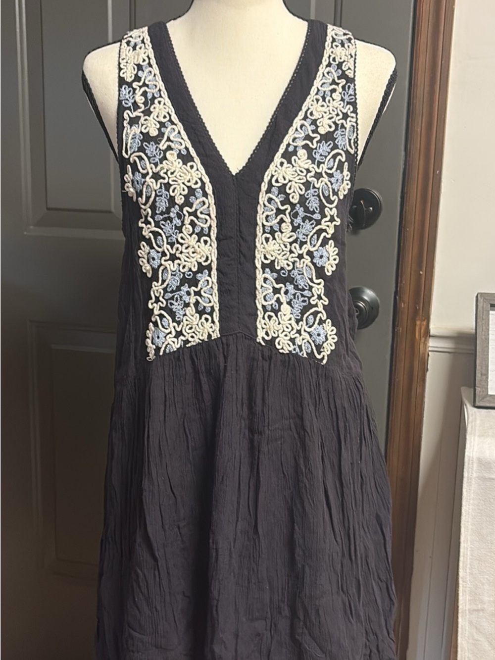 Ecote Black Midi Dress with Cream & Light Blue Embroidery